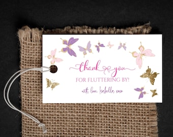 Editable Butterfly Thank You Favor Tag Template Girl Baby Shower 1st Birthday Party Gift Labels Printable Digital Download Pink Lilac P6