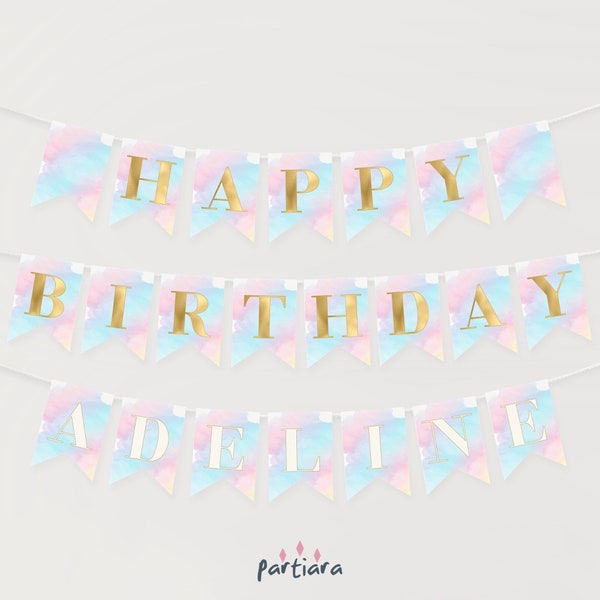 Happy Birthday Banner, Rainbow Party Bunting Flags, Teen Girl's Decor Printable, Personalised Name Sign, Editable Digital Download P179