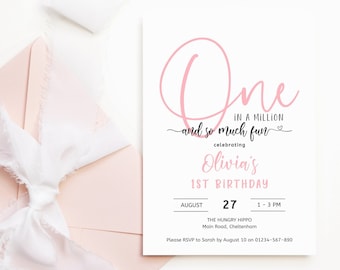 Girl 1st One in a Million Birthday Invitation Printable Minimalist Tea Party Invite Editable Simple Pink Grey Digital Download Template P428
