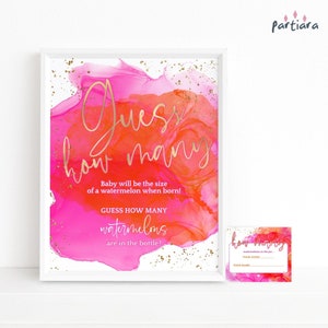 Baby-Dusche-Spiel Errate, wie viele druckbar, Mädchen-Party-Aktivität Poster Dekor, Hot Fuchsia Pink Orange Gold, bearbeitbare Vorlage Download P200