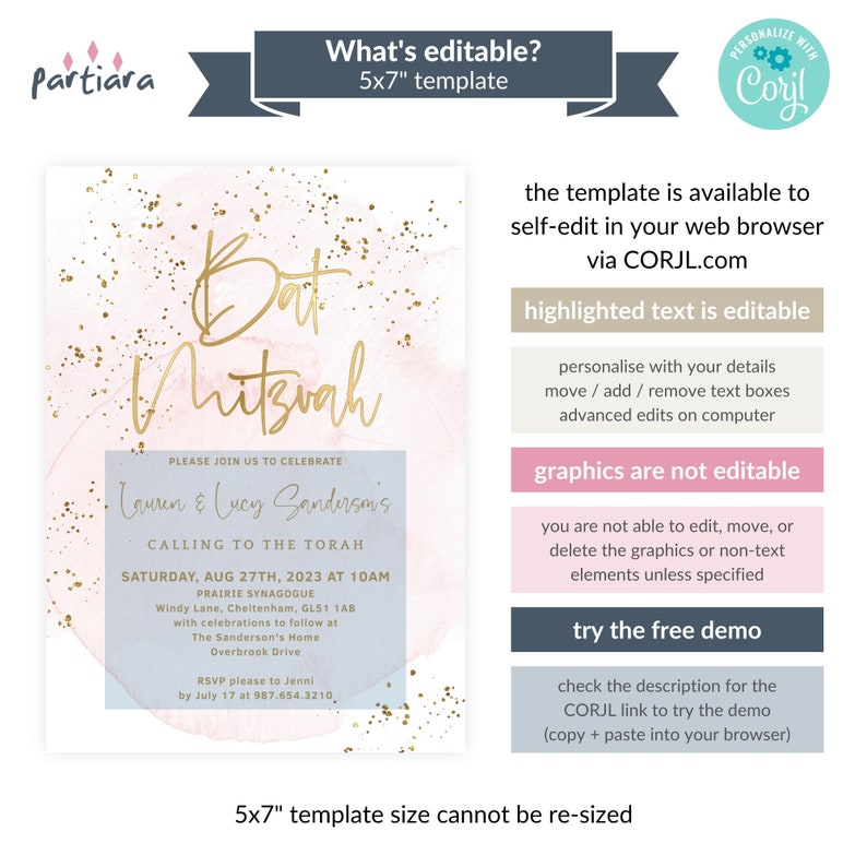 a pink and blue wedding card with gold foil lettering