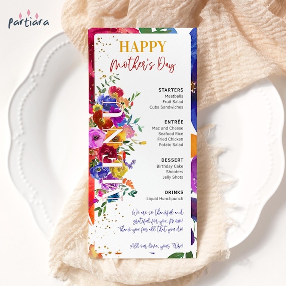 Floral Brunch Menu Template, Bright Rainbow Fiesta Summer Garden Party Table Menus Decor Printable, Mothers Day Lunch, Editable P577