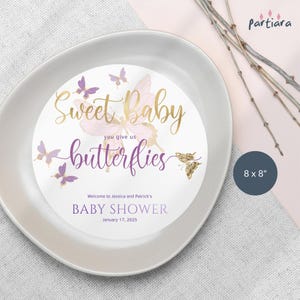 Vlinder babyshower bordje invoegen oplader, meisjes zoete vlinders kussen tafel welkomstdecor, pastelroze paars goud, bewerkbare P345
