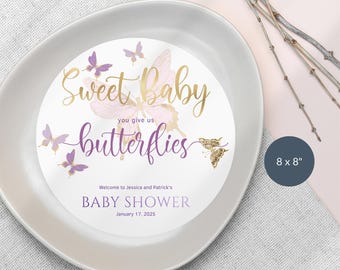 Butterfly Baby Shower Plate Insert Charger, Girls Sweet Butterflies Kisses Table Welcome Decor, Pastel Pink Purple Gold, Editable P345
