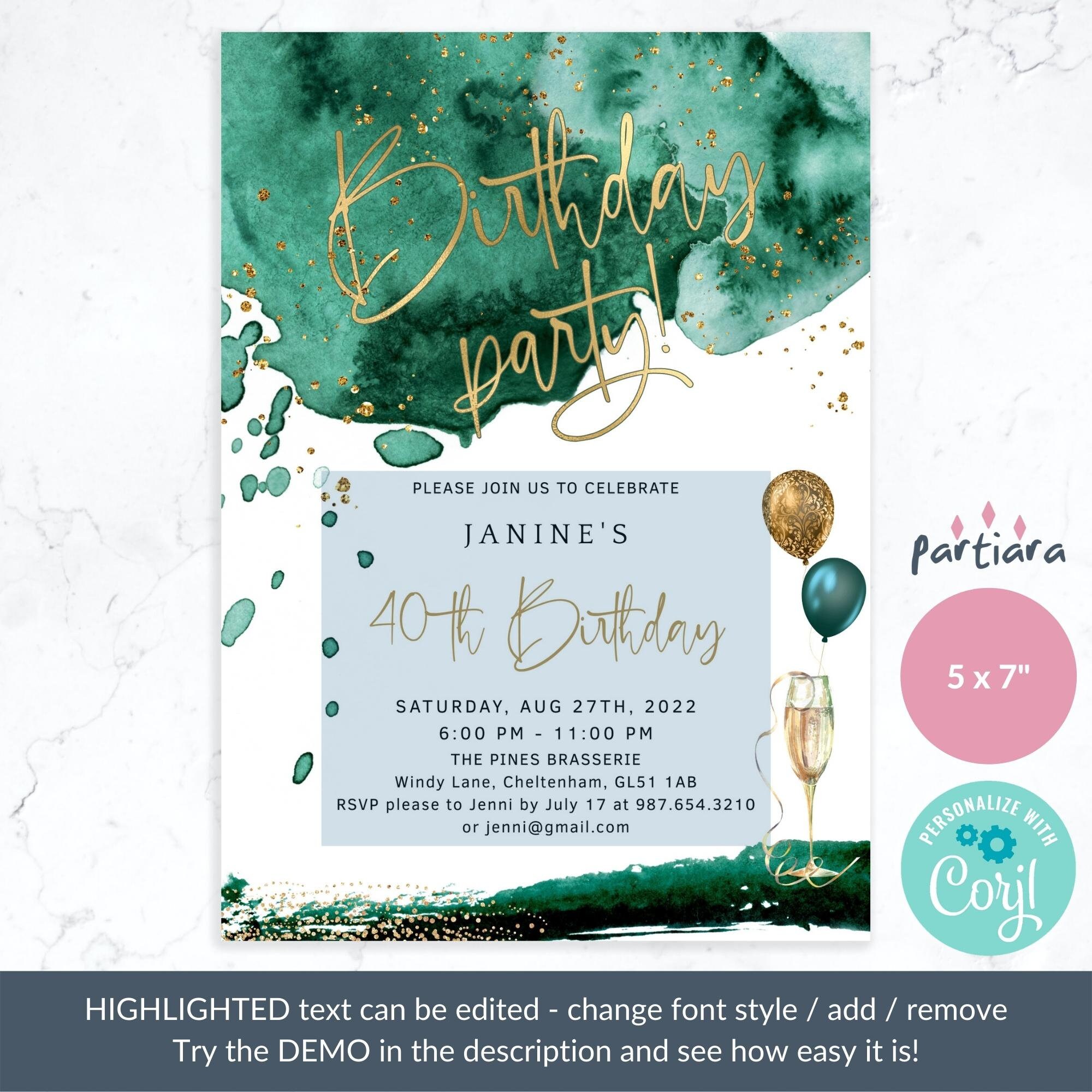 Emerald Green Birthday Invitations Printable Ladies 30th 40th Etsy