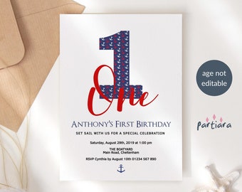 Nautical 1st Birthday Invite, Editable Beach Party Invitation Boy,  Navy Blue Red Anchor Decor Printable Cards, Digital Download C390