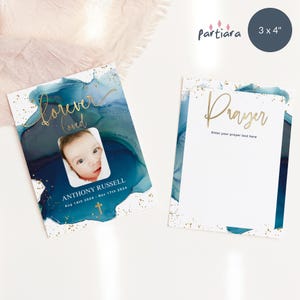 Modèle photo de carte de prière commémorative, cartes du souvenir imprimables pour enterrement de bébé garçon ou homme, bleu sarcelle d'or en téléchargement numérique modifiable P231
