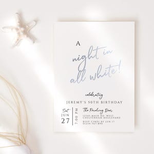 Invito per festa tutto bianco stampabile modello modificabile per adulti festa di compleanno a sorpresa traguardo inviti decorazione argento, fai da te download digitale