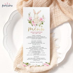 Modello di menu per il battesimo delle bambine, menu floreali con coniglietto stampabili, menu per il tavolo del battesimo delle bambine, decorazioni rosa pastello e bianche, modificabile P62
