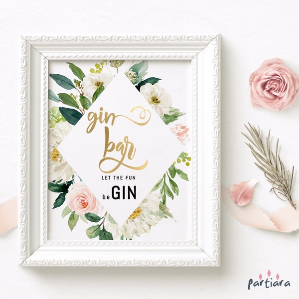 Birthday Gin Bar Printable Ladies Bridal Shower Dinner Party Bar Table Poster Decor Editable Digital Download Template Blush Pink Floral P68