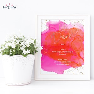 Modèle de signe de menu de bar tropical, affiche de Table de menu de boissons de signature d'anniversaire imprimable, décoration orange fuchsia d'événements féminins, P200 modifiable
