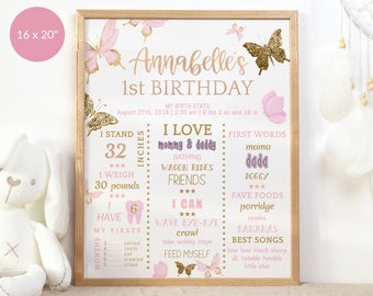 First Birthday Board Girl Butterflies Milestone Sign Printable Editable Download Template Pink and Gold 1st Party Poster Decoration P6