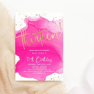 Fuchsia Birthday Invitation Teen Girl&#39;s 13th Party Invites Printable Digital Download Editable Template Hot Pink and Gold Decor P200