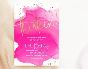 Editable 13th Birthday Invitation Template for Girls: Hot Pink Gold Party (Digital Download) P200