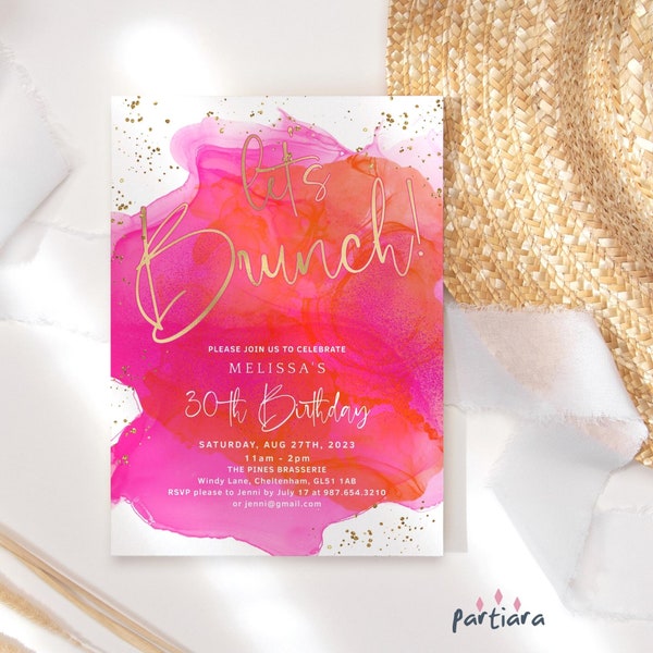 Ladies Brunch Invitation Hot Pink Orange Tropical Birthday Brunch Party Invite Printable Editable Digital Download Template P200