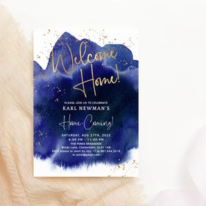 Welcome Home Party Invitation Printable Blue and Gold Home Coming Celebration for Men Editable Digital Download Template P627