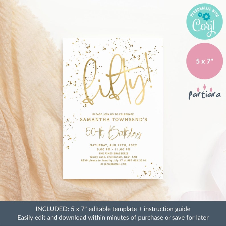 50th Party Invitations All White Birthday Editable Gold Fifty - Etsy