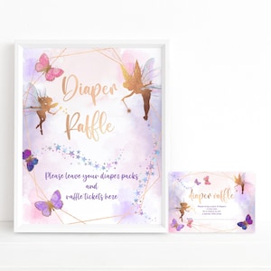 Fairy Diaper Raffle Game Sign and Cards Set, Girls Baby Shower Party Activity Pink Purple Butterfly Decor Printable Editable Template P676