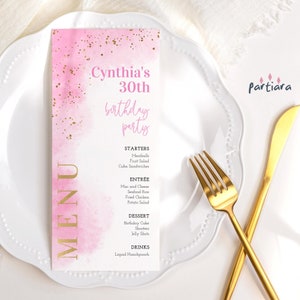 DIY Candy Pink Menus Editable Birthday Party Slim Table Menu Printable Girl or Bridal Shower Download, Pastel White and Gold Partiara Decor