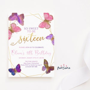 16. Geburtstagseinladung, Sweet 16 Party Laden Schmetterling Vorlage, Pink Lila Sweet ein, um sechzehn druckbare Karte zu sein, bearbeitbar P337