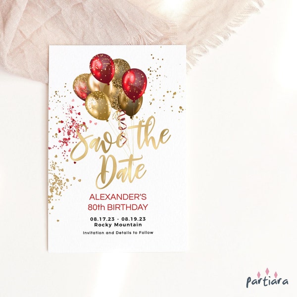 Save the Date Birthday Dinner Party Save the Dates Card Ladies Party Announcement Red Gold Balloons Decor Printable Editable Download P216