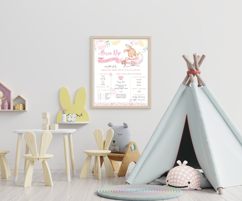 Baby Girl/'s First Birthday Party Memento Poster Ballet Rabbit Pastel Pink Floral P62 Bunny 1st Birthday Milestone Sign Board Printable
