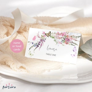 Cartões de lugar de borboleta, cartão de colocação de nome de chá de panela para impressão, barracas de comida para festa de jardim floral com flores silvestres, aniversário de menina, editável P256