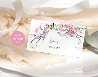 Butterfly Place Cards, Bridal Shower Name Placement Card Printable, Wildflower Floral Garden Party Food Tents, Girl Birthday, Editable P256