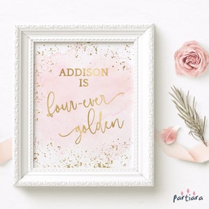 4th Birthday Dessert Table Sign, Girls Fourever Golden Party Poster Decor Printable, Pastel Pink Editable Digital Download Template P249