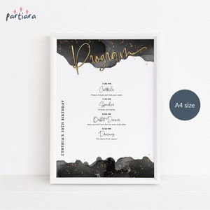 Dinner Party Programmvorlage, Geburtstagstabelle für Herren oder Jungen, Programmschild zum ausdrucken, schwarzweißes Ereignisdekor, bearbeitbarer Download P268