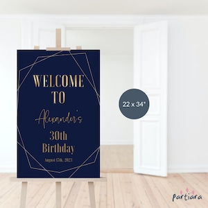 Birthday Welcome Sign, Mens Navy Blue Gold Party Welcome Poster Printable, 30th 40th 50th 60th Editable Digital Download P86