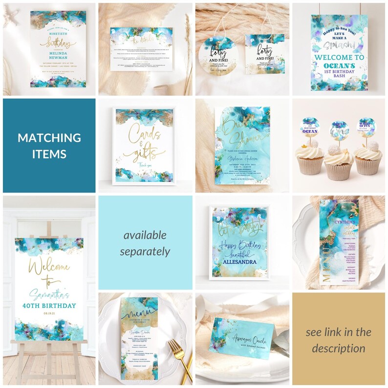 K&ouml;nnte beinhalten: Ein Set druckbarer Partydekorationen mit einem blauen und goldenen Aquarelldesign. Das Set beinhaltet ein Willkommenszeichen, eine Speisekarte, eine Karte f&uuml;r Geschenke, eine Einladung und Cupcake-Topper. Der Text auf den Artikeln lautet "Willkommen zu Samantha's 40th Birthday", "Menu", "Karten & Geschenke", "Ocean's 1st Birthday Bash" und "Happy Birthday Beautiful Alessandra".