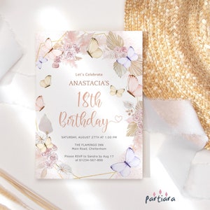Modèle d'Invitation Boho 18e anniversaire, invitation florale de fête des filles 18e, carte papillon pampa rose pastel imprimable, téléchargement modifiable P171