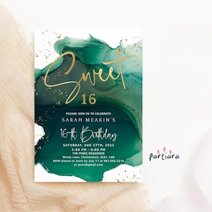 Emerald Green Sweet 16 Birthday Invitation Printable Girl&#39;s Sixteenth Party Invite Editable Digital Download Template P132 P257