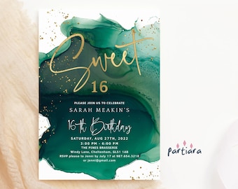 Emerald Green Sweet 16 Birthday Invitation Printable Girl's Sixteenth Party Invite Editable Digital Download Template P132 P257