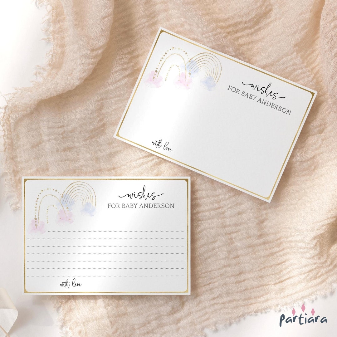 Rainbow Baby Shower Wishes and Advice Cards Printable, Pastel Blue Pink