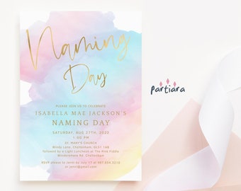 Naming Ceremony Invitation Girls: Baby Naming Day Invite Printable, Pastel Rainbow Decor P179