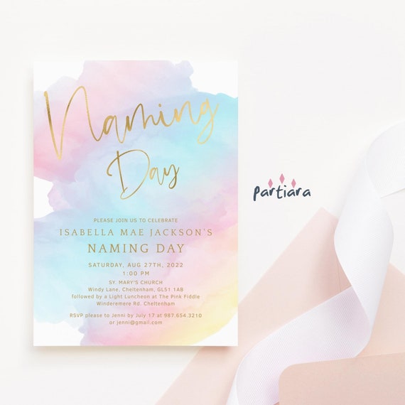 Naming Ceremony Invitation Girls: Baby Naming Day Invite Printable, Pastel Rainbow Decor P179