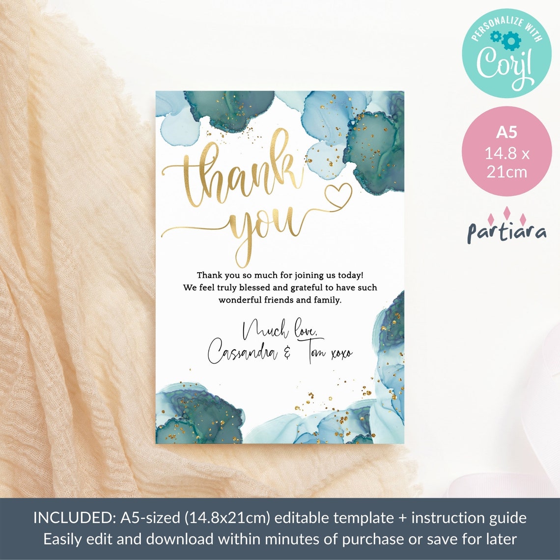 Editable Birthday Thank You Card Teal Blue and Gold Ladies Dinner Party ...