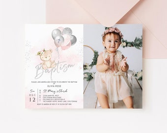 Editable Baptism Invitation Girl Teddy Bear Balloons Template Printable Blush Pink Silver Photo Invite Bohemian Decor Digital Download P219