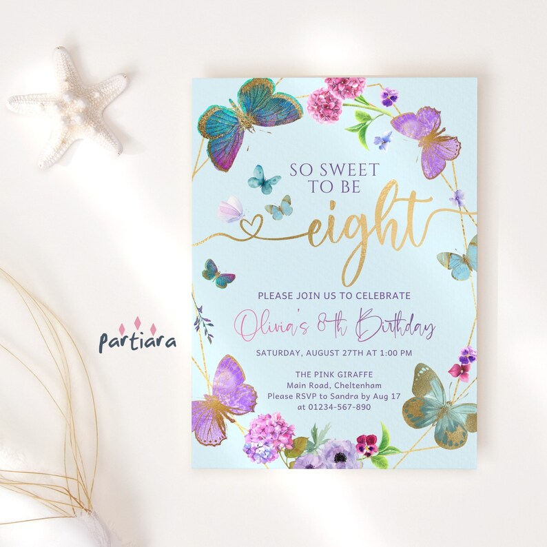 Butterfly 8th Birthday Invitation Girl Editable Digital Download Pink Purple Lilac Gold Floral Tea Party Invite Printable