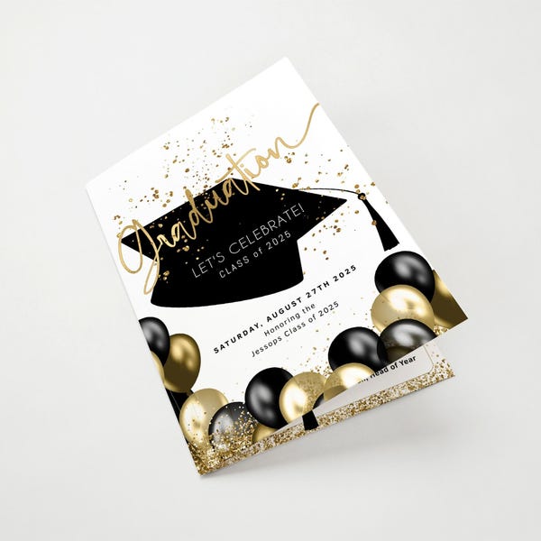 Graduation Program Self Editable Black and Gold College High School or University Grad Programs Printable Bi-Fold Booklet Template P251