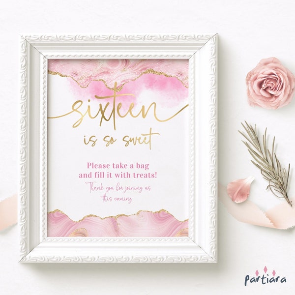 Sweet 16 Birthday Favor Sign Girl 16th Birthday Party Sweet Treats Poster Decor Printable Candy Pink Gold Agate Editable Download P488