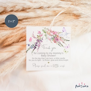 Baby Wildblumen Tags, Schmetterling Kerze Gunst Geschenkanhänger druckbare, Pastell Blumen Baby Shower Party Etiketten druckbare, bearbeitbare Download P256
