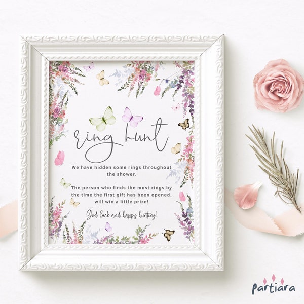 Bridal Shower Butterflies Ring Hunt Game Sign Printable Pastel Wildflower Floral Butterfly Party Table Decor Editable Digital Download P256