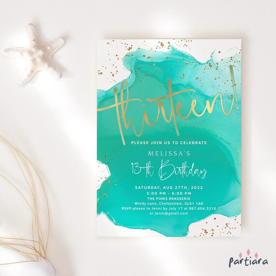 Girl 13th Birthday Invitation Turquoise Blue Gold Party Invite - Etsy Girl 13th Birthday Invitation Turquoise Blue Gold Party Invite - Etsy