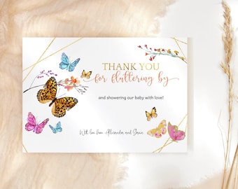 Thank You Card Butterfly Party Notecard Printable Girls 1st Birthday Wildflower Butterflies Pink Blue Editable Digital Download P50