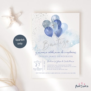 Invitación de bautismo en español, plantilla de invitación para fiesta de bautismo conjunta para el primer cumpleaños de niños, tarjeta con globos plateados azules, descarga digital editable P291