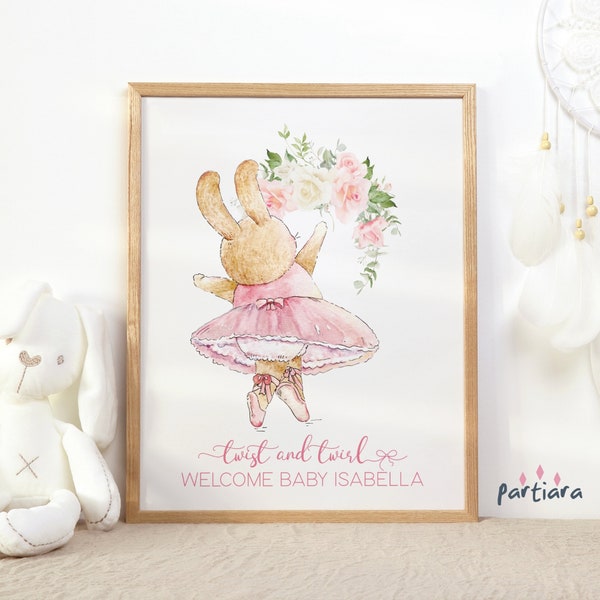Baby Shower Bunny Sign Twist and Twirl Ballerina Tutu Floral Party Table Decor Poster Printable Blush Pink Floral Editable Download P62