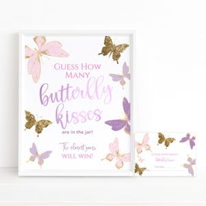 Guess How Many Butterfly Kisses Girl Baby Shower Party Game Sign Printable Editable Download Template Pink Lilac Purple Gold P6 P345